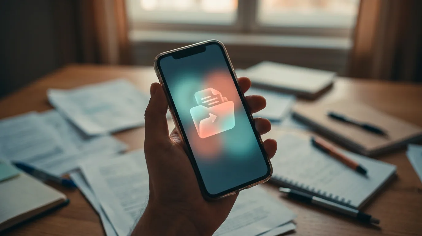 Išmanusis telefonas su dokumento įkėlimo piktograma, simbolizuojantis KYC dokumentų teikimą prieš išmokėjimą